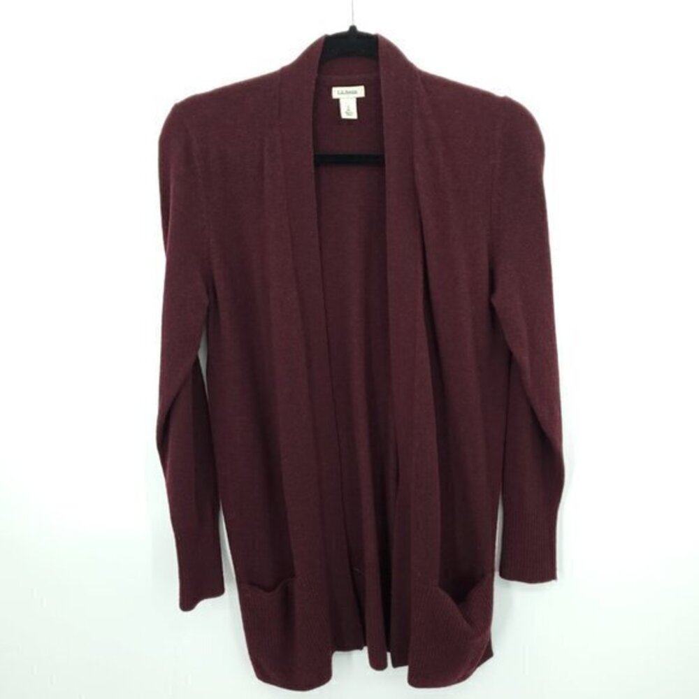 L.L. Bean 100% Cashmere Open Front Patch Pocket Cardigan PS Maroon/Burgundy Red
